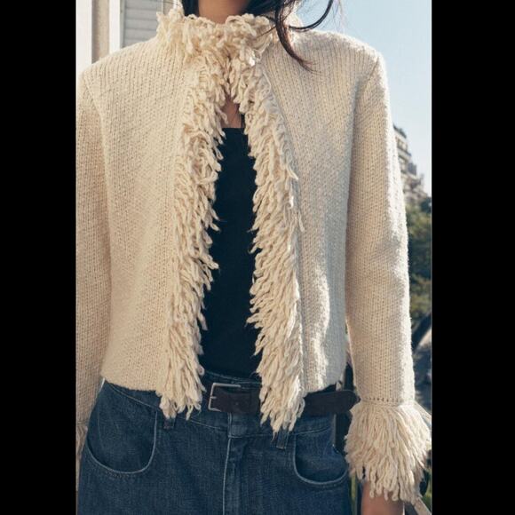 ZARA Wool-Blend Fringe Knit Cardigan NWT – Ecru Textured Jacket, Size XL - Picture 6 of 16